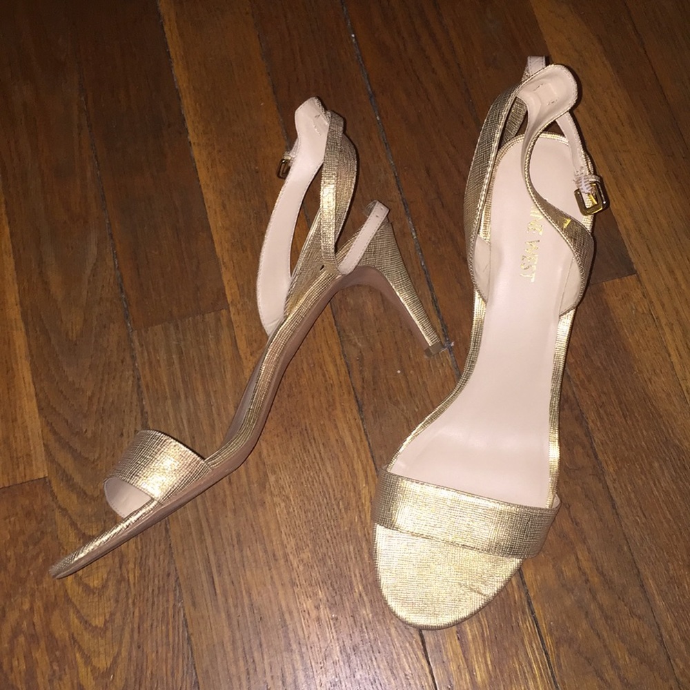 low gold strappy ankle strap heels!